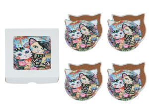 Komplet 4 podkładek ceramicznych z uszami, koty 