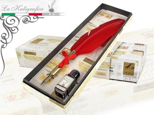 Zestaw piśmienniczy - pióro gęsie z tuszem - czerwone